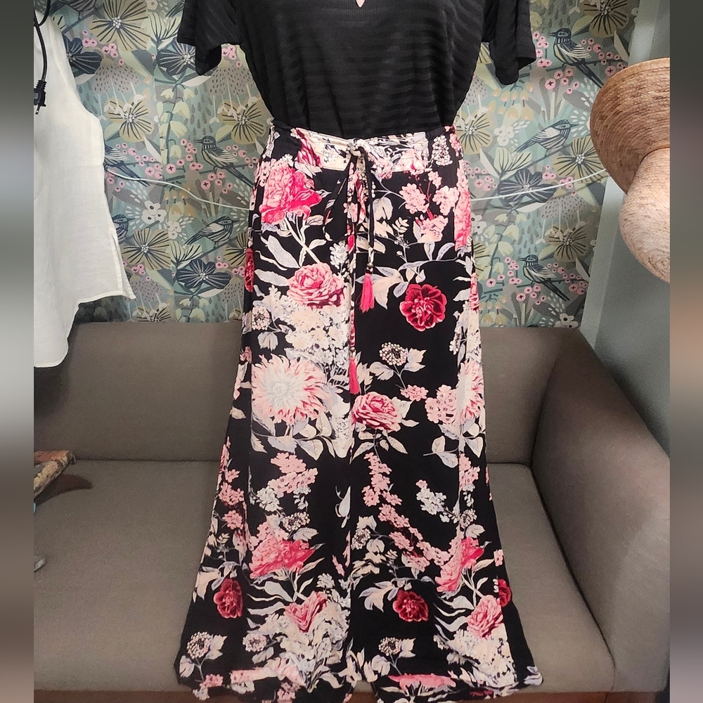 90s Vintage Style Angie Black and Pink Maxi Wrap Skirt FREE SHIPPING